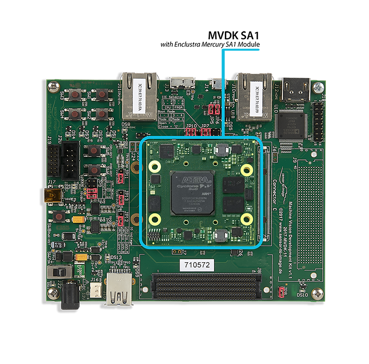 MVDK SA1: MVDK board with <a target="_blank" href="https://www.enclustra.com/en/products/system-on-chip-modules/mercury-sa1"  >Enclustra Mercury SA1 Module</a>