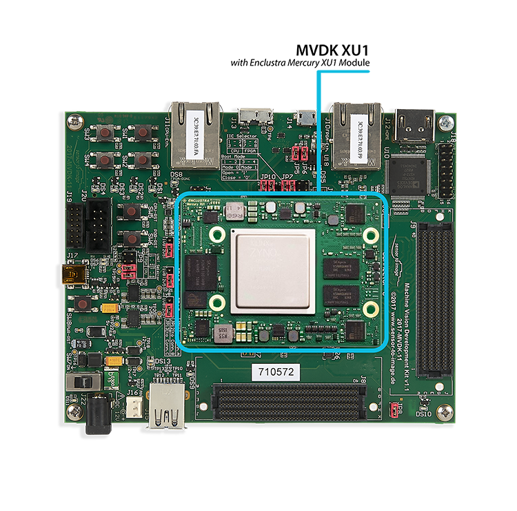 MVDK XU1: MVDK board with <a target="_blank" href="https://www.enclustra.com/en/products/system-on-chip-modules/mercury-xu1"  >Enclustra Mercury+ XU1 Module</a>